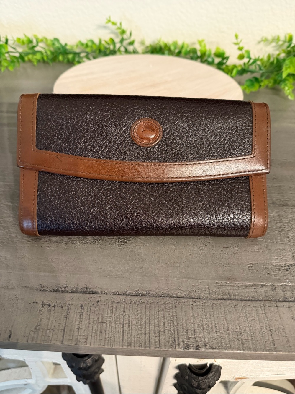 Dooney & Bourke Dark Brown Pebbled Leather Wallet with Tan Trim
